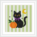 The image shows a black cat with yellow eyes and a purple bow, sitting next to an orange pumpkin. In the background, there are vertical green stripes and a yellow crescent moon with stars.