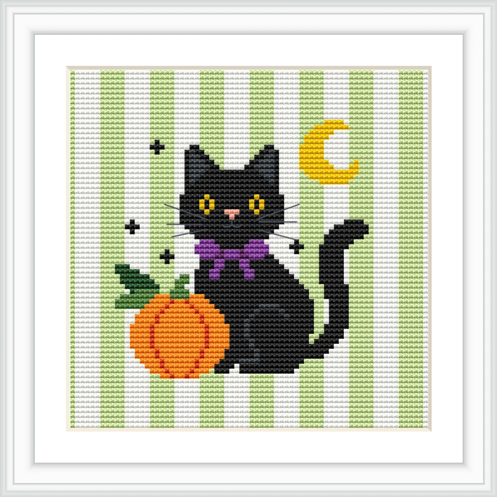 The image shows a black cat with yellow eyes and a purple bow, sitting next to an orange pumpkin. In the background, there are vertical green stripes and a yellow crescent moon with stars.