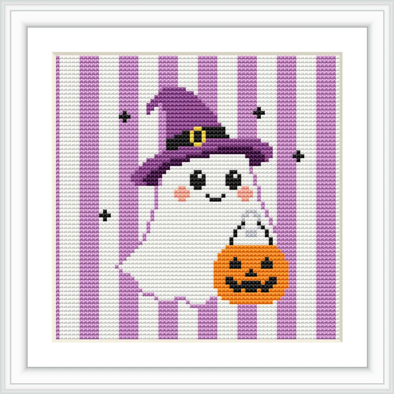 The image depicts a cute cartoon ghost wearing a purple witch hat, holding an orange pumpkin basket. The background features vertical purple and white stripes, with small black stars scattered around.