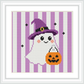 The image depicts a cute cartoon ghost wearing a purple witch hat, holding an orange pumpkin basket. The background features vertical purple and white stripes, with small black stars scattered around.