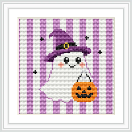 The image depicts a cute cartoon ghost wearing a purple witch hat, holding an orange pumpkin basket. The background features vertical purple and white stripes, with small black stars scattered around.