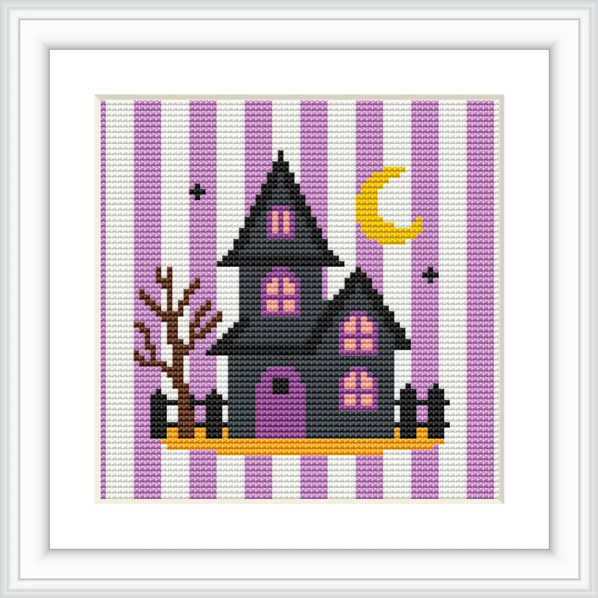 A cross-stitched image of a haunted house with purple and white stripes as the background. A yellow crescent moon is in the sky, and there are bats flying nearby. A leafless tree and a fence complete the scene.