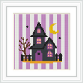 A cross-stitched image of a haunted house with purple and white stripes as the background. A yellow crescent moon is in the sky, and there are bats flying nearby. A leafless tree and a fence complete the scene.