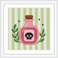 The image depicts a pink potion bottle with a brown cork, adorned with a black skull emblem. It is flanked by green leaves and set against a background of vertical green and white stripes, with small black accents.