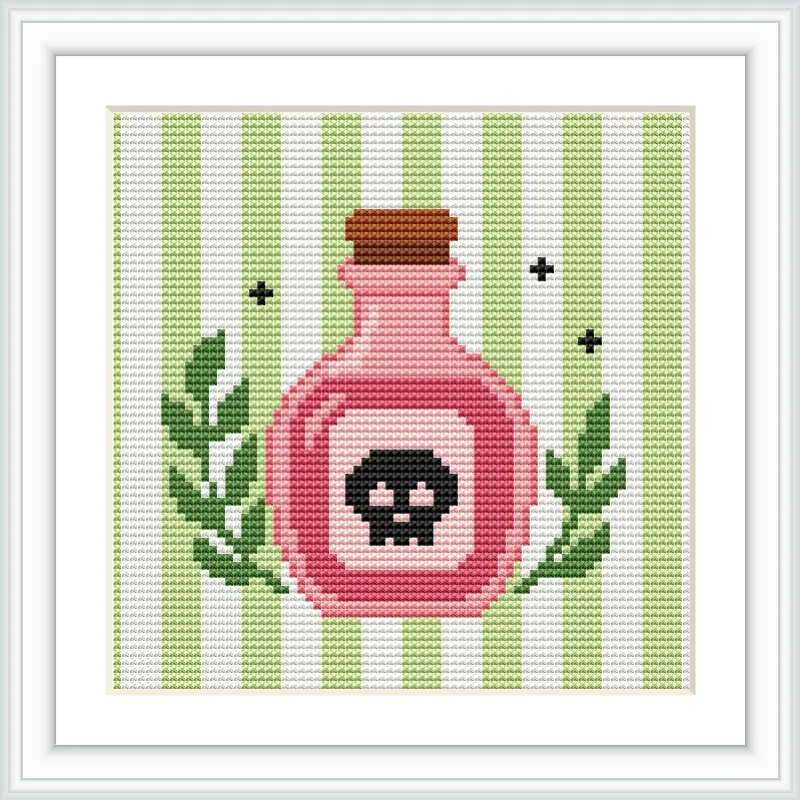 The image depicts a pink potion bottle with a brown cork, adorned with a black skull emblem. It is flanked by green leaves and set against a background of vertical green and white stripes, with small black accents.