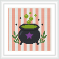 A black cauldron is centered on a pink and white striped background. Green bubbles rise from the cauldron, and green herbs are placed on both sides of it, with a purple star on the cauldron's side.