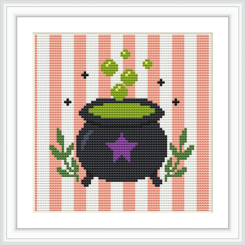 A black cauldron is centered on a pink and white striped background. Green bubbles rise from the cauldron, and green herbs are placed on both sides of it, with a purple star on the cauldron's side.
