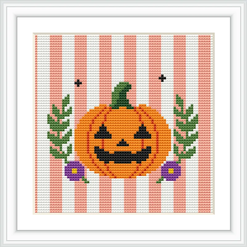 The image depicts a smiling pumpkin with triangular eyes and mouth at the center. It is surrounded by green leaves and small purple flowers, all set against a background of vertical orange and white stripes.