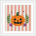 The image depicts a smiling pumpkin with triangular eyes and mouth at the center. It is surrounded by green leaves and small purple flowers, all set against a background of vertical orange and white stripes.