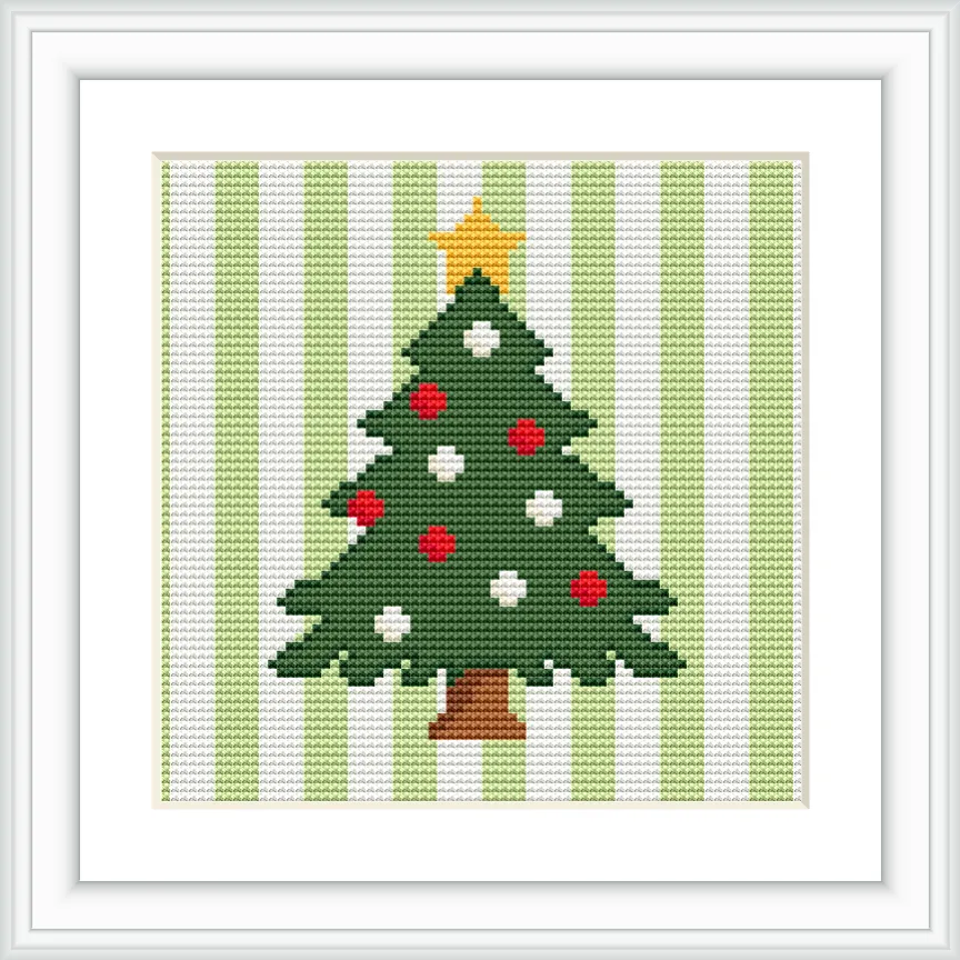 The image features a Christmas tree with red and white ornaments, set against a green striped background. A yellow star tops the tree, and the scene is framed in white.