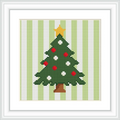 The image features a Christmas tree with red and white ornaments, set against a green striped background. A yellow star tops the tree, and the scene is framed in white.