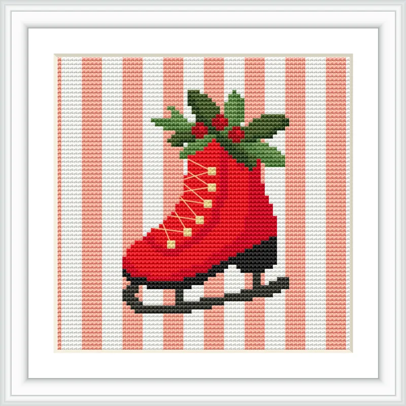 The image features a red ice skate with yellow laces and holly decorations, set against a background of vertical red and white stripes.