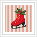 The image features a red ice skate with yellow laces and holly decorations, set against a background of vertical red and white stripes.