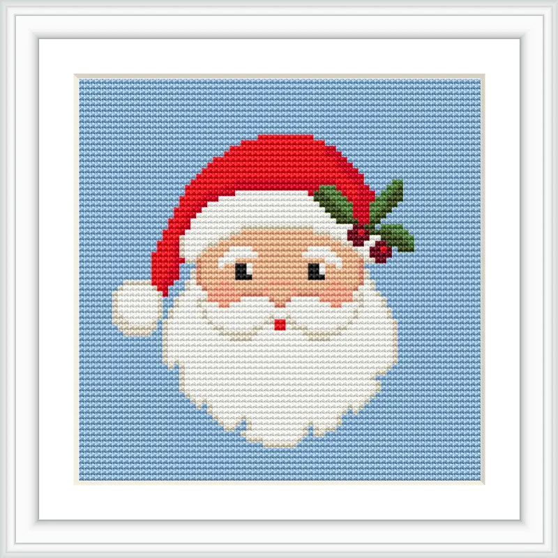 A charming depiction of Santa Claus's face with rosy cheeks, wearing a red hat adorned with green holly and berries, set against a blue background.
