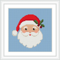 A charming depiction of Santa Claus's face with rosy cheeks, wearing a red hat adorned with green holly and berries, set against a blue background.