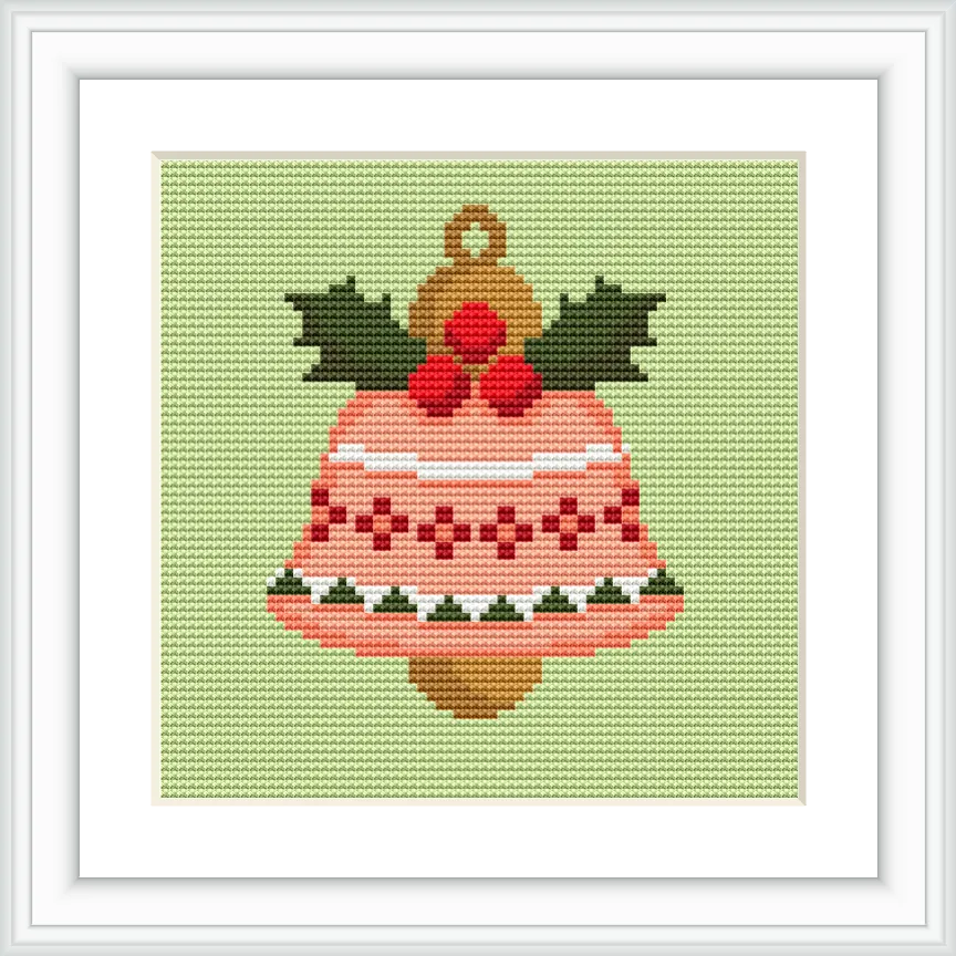 The image features a cross-stitched Christmas bell decorated with holly leaves and red berries, set against a light green background. The bell has intricate detailing with a mix of red and gold colors.