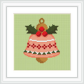 The image features a cross-stitched Christmas bell decorated with holly leaves and red berries, set against a light green background. The bell has intricate detailing with a mix of red and gold colors.