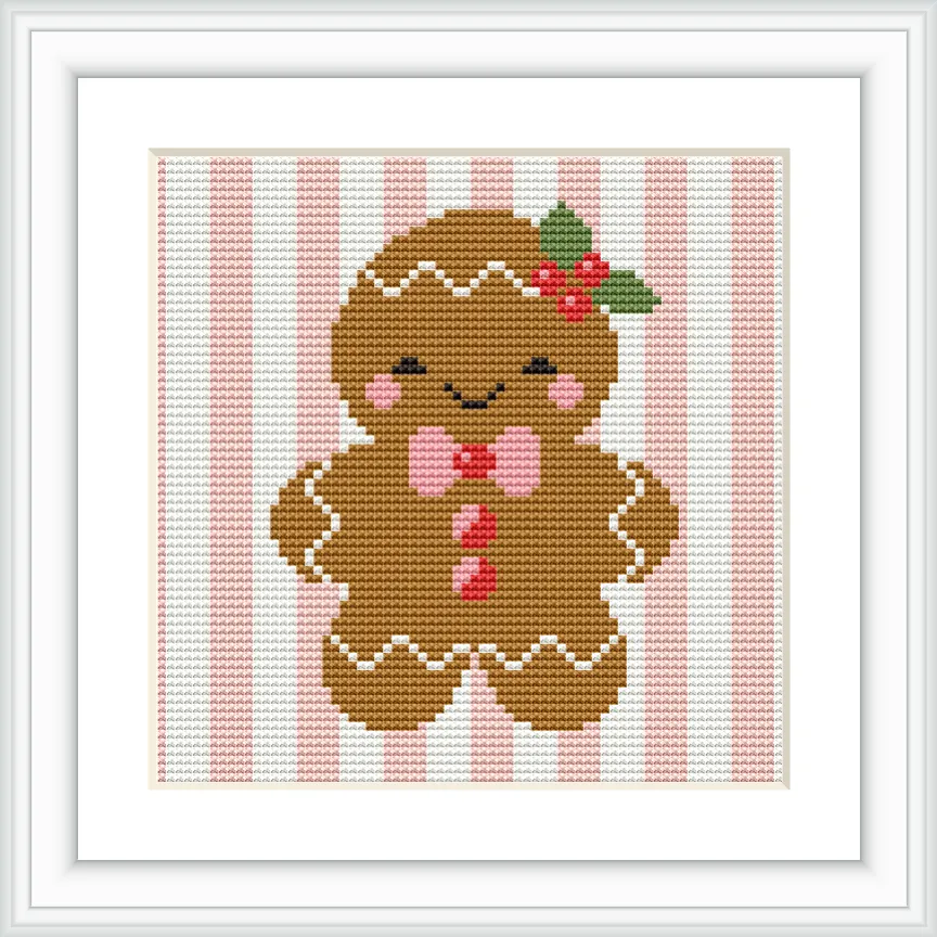 A gingerbread man with a pink bow tie and red buttons stands against soft pink and white vertical stripes. It has a holly decoration with green leaves and red berries on its head.