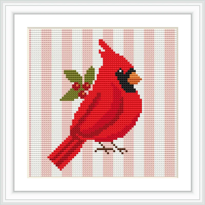 The image features a vibrant red cardinal perched with leaves and berries, set against a background of pink and white vertical stripes.