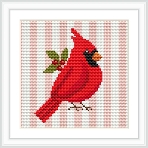 The image features a vibrant red cardinal perched with leaves and berries, set against a background of pink and white vertical stripes.