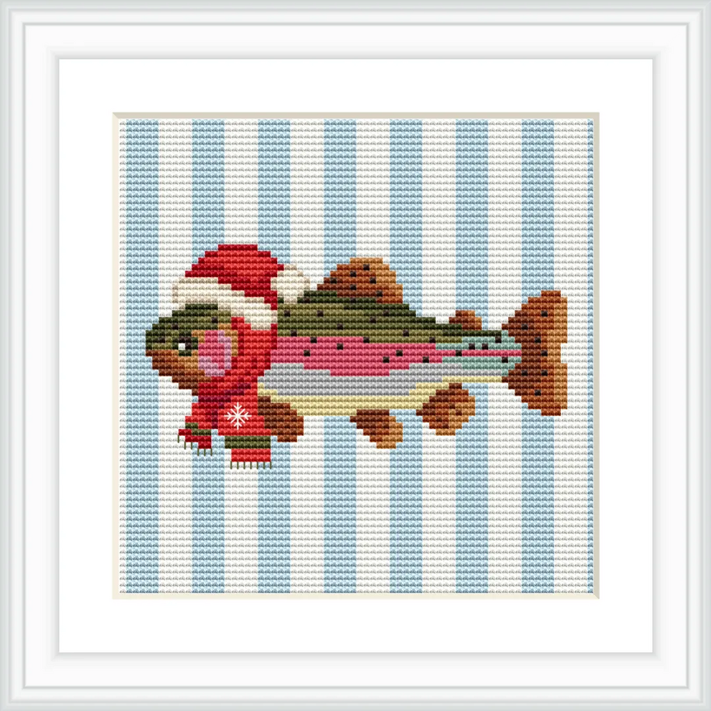 A fish wearing a red Santa hat and scarf is centered on a background of vertical blue and white stripes.
