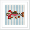 A fish wearing a red Santa hat and scarf is centered on a background of vertical blue and white stripes.