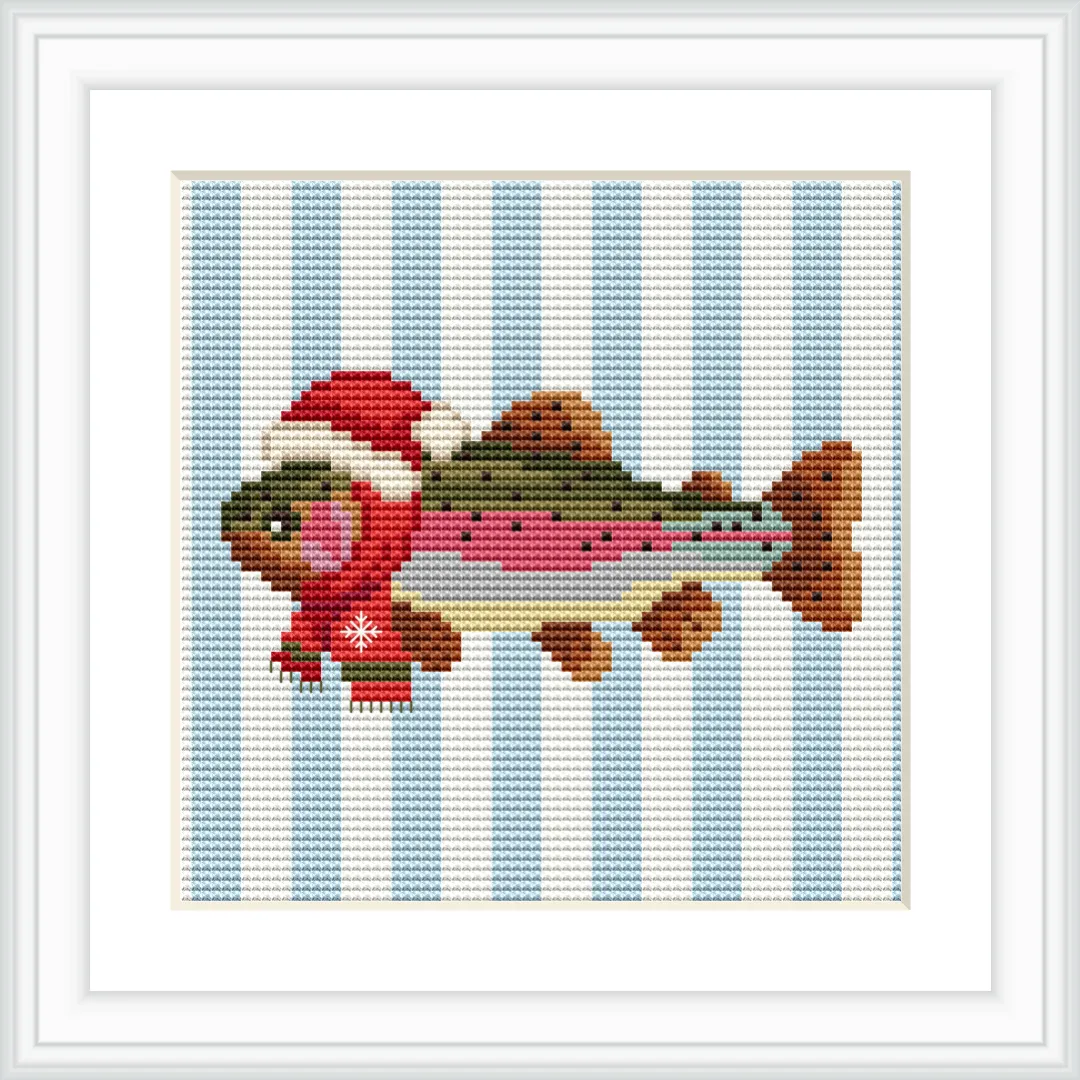 A fish wearing a red Santa hat and scarf is centered on a background of vertical blue and white stripes.