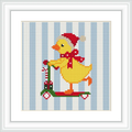 The image depicts a cheerful yellow duckling on a red and green scooter, wearing a red Santa hat and scarf, with a wrapped gift on the scooter handle. The background features vertical light blue and white stripes.
