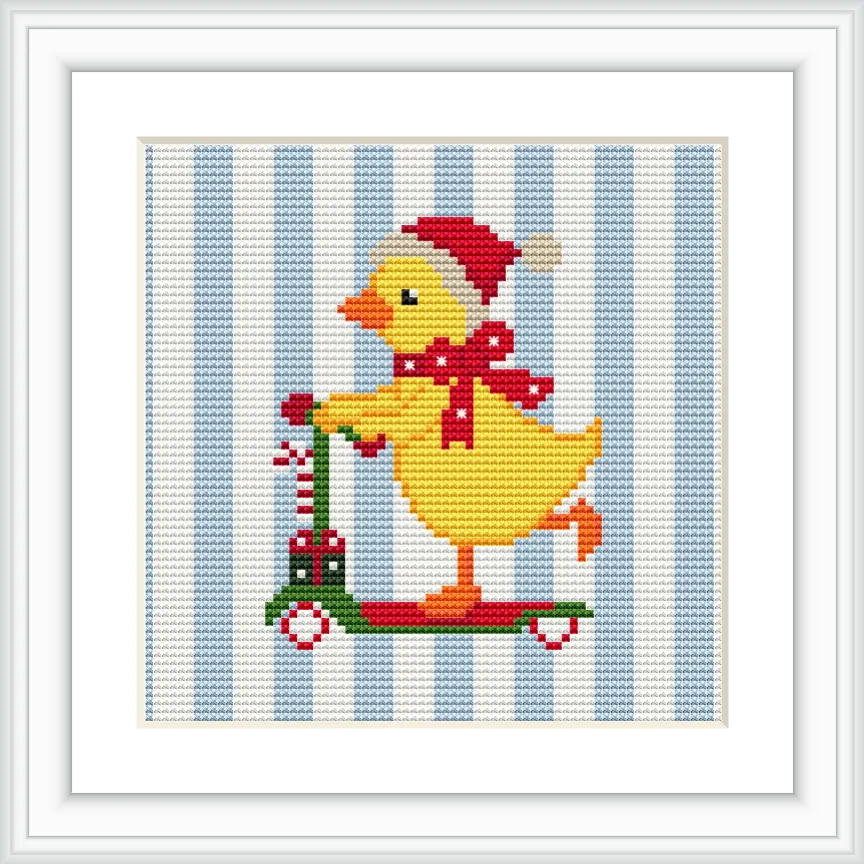 The image depicts a cheerful yellow duckling on a red and green scooter, wearing a red Santa hat and scarf, with a wrapped gift on the scooter handle. The background features vertical light blue and white stripes.