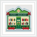 A green bookshop with 'Merry Bookshop' written on it is surrounded by snow. The shop features colorful books and festive decorations like bows and wreaths, with potted plants on either side.