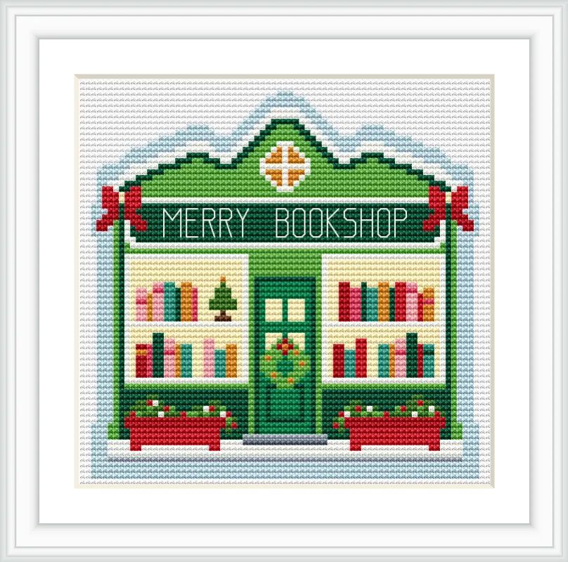 A green bookshop with 'Merry Bookshop' written on it is surrounded by snow. The shop features colorful books and festive decorations like bows and wreaths, with potted plants on either side.
