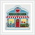 A charming cafe with a red and white striped awning, round tables and chairs outside, a steaming cup sign above, and festive decor on windows.