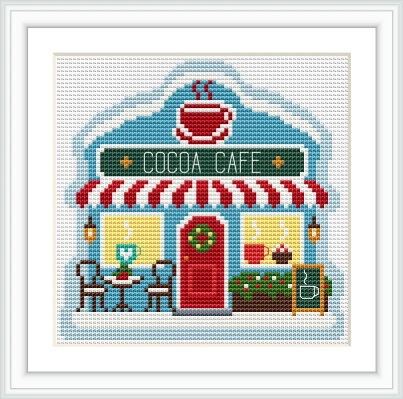 A charming cafe with a red and white striped awning, round tables and chairs outside, a steaming cup sign above, and festive decor on windows.