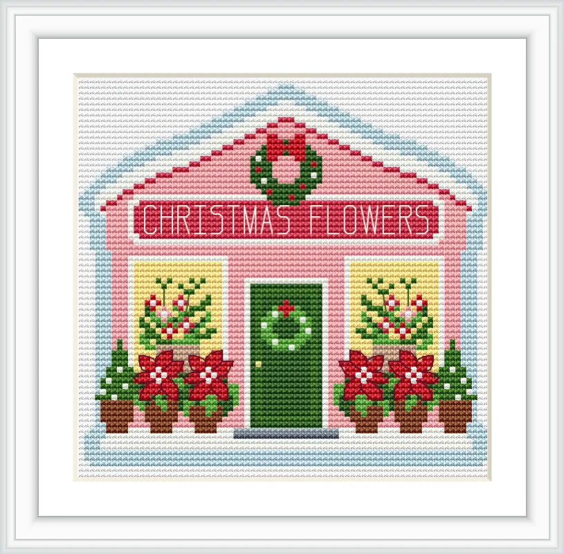The image depicts a quaint, pink-colored Christmas flower shop with 'Christmas Flowers' written on the facade. It features decorative wreaths, potted poinsettias, and a green door presumably set for the holiday season.