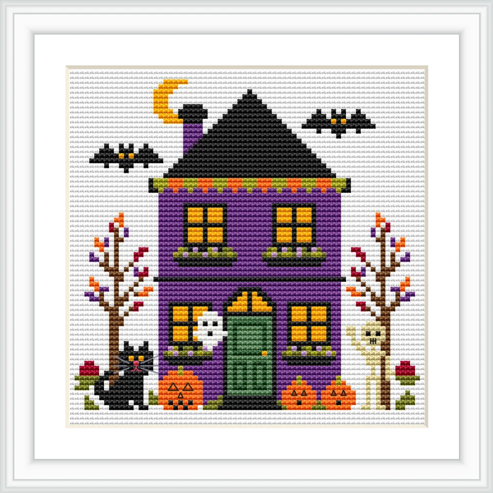 The image depicts a purple house with an orange roof, surrounded by fall trees. A black cat rests by two pumpkins on the left, while a ghost peeks from the window. A mummy stands on the right. Two bats fly overhead against a crescent moon backdrop.