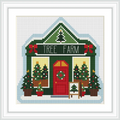 The image depicts a quaint tree farm building adorned with Christmas decorations. A red door is centered with a wreath, surrounded by potted evergreens. A small sign indicates the festive setting, and snow is gently covering the scene.