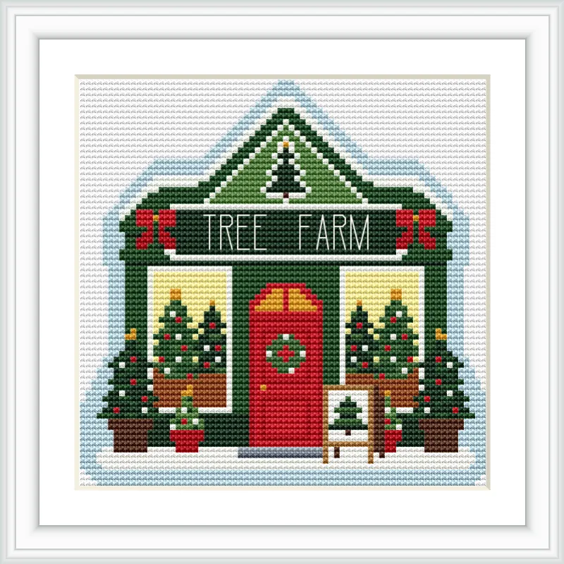 The image depicts a quaint tree farm building adorned with Christmas decorations. A red door is centered with a wreath, surrounded by potted evergreens. A small sign indicates the festive setting, and snow is gently covering the scene.