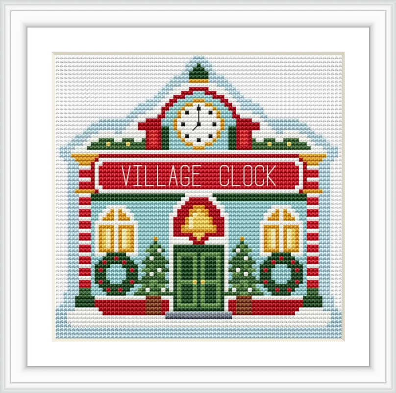 The image depicts a charming village clock tower adorned with two green wreaths, snow-covered roof, and classic red and green color scheme. The building features a prominent white clock on its facade.