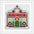 The image depicts a charming village clock tower adorned with two green wreaths, snow-covered roof, and classic red and green color scheme. The building features a prominent white clock on its facade.
