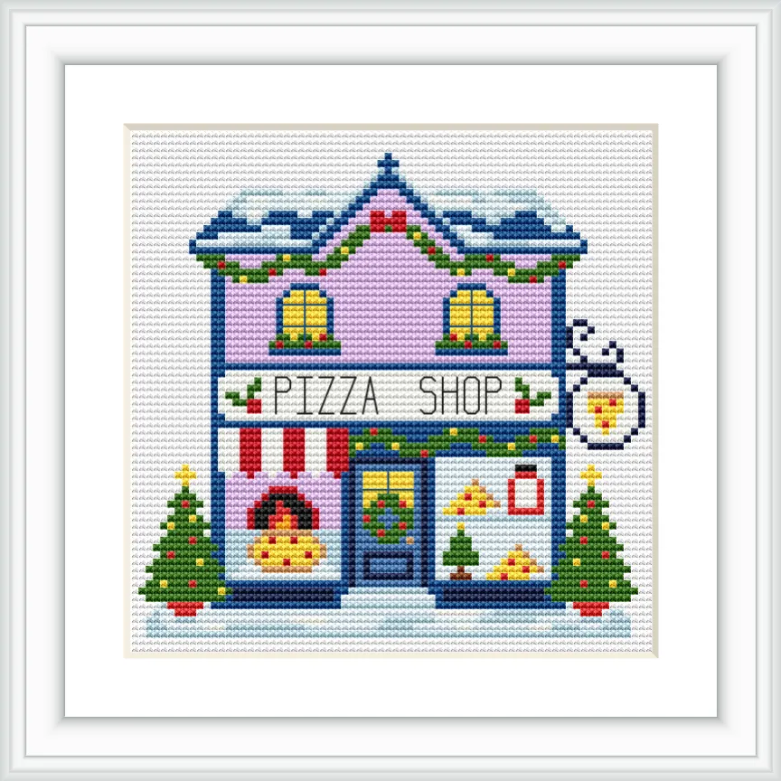 The image depicts a two-story purple pizza shop with a snow-covered roof, brightly lit windows, and festive decorations. Two Christmas trees stand outside with pizzas in the window displays under a sign reading 'Pizza Shop'.