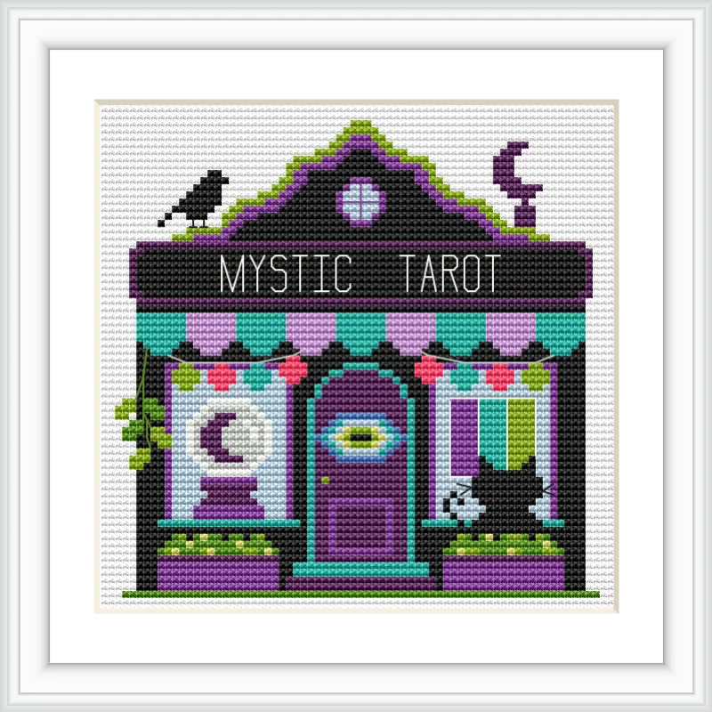 The image features a small, charming tarot shop with a purple and green color scheme. A black cat sits by the door, and a crow perches on the roof. Tarot symbols and plants are also part of the scene.