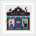 The image features a small, charming tarot shop with a purple and green color scheme. A black cat sits by the door, and a crow perches on the roof. Tarot symbols and plants are also part of the scene.