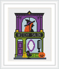 The image portrays a stylistic 'Witchy Salon' with a witch silhouette in the window on the upper floor. Below, there's a purple door, a vanity mirror in a green and purple color scheme, a large comb, a broomstick, and a carved jack-o'-lantern.