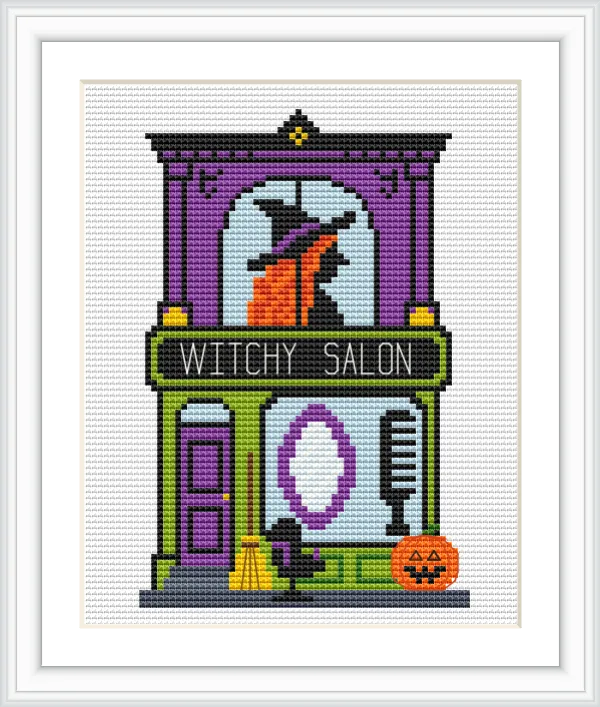 The image portrays a stylistic 'Witchy Salon' with a witch silhouette in the window on the upper floor. Below, there's a purple door, a vanity mirror in a green and purple color scheme, a large comb, a broomstick, and a carved jack-o'-lantern.
