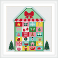 The image features a house-shaped Advent calendar with 24 numbered squares, decorated with Christmas motifs like gifts, stars, and stockings. Two decorated Christmas trees are at the base.