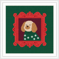 A dog is depicted in a portrait, wearing a green sweater with white snowflakes. The portrait is set within an ornate red frame, against a dark green background.
