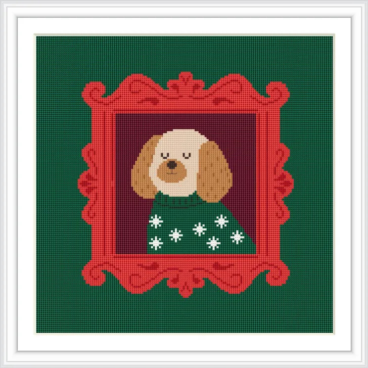 A dog is depicted in a portrait, wearing a green sweater with white snowflakes. The portrait is set within an ornate red frame, against a dark green background.