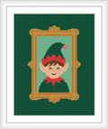 A smiling elf wearing a green hat with a pink pom-pom and a red collar, framed in a decorative golden frame, set against a green background.