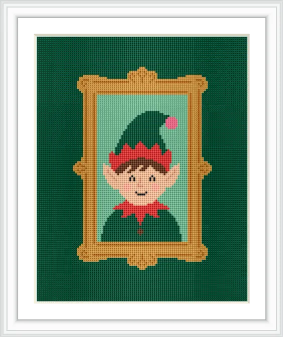 A smiling elf wearing a green hat with a pink pom-pom and a red collar, framed in a decorative golden frame, set against a green background.