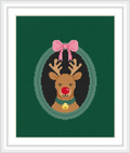 A cartoon-style reindeer with a red nose is centered within a green oval frame. A pink bow sits above the reindeer.